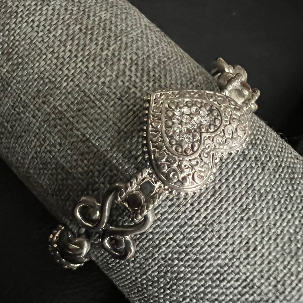 Lia Sophia Silver Tone Rhinestone Filigree Heart Bracelet 7.5-9 In Whimsigoth